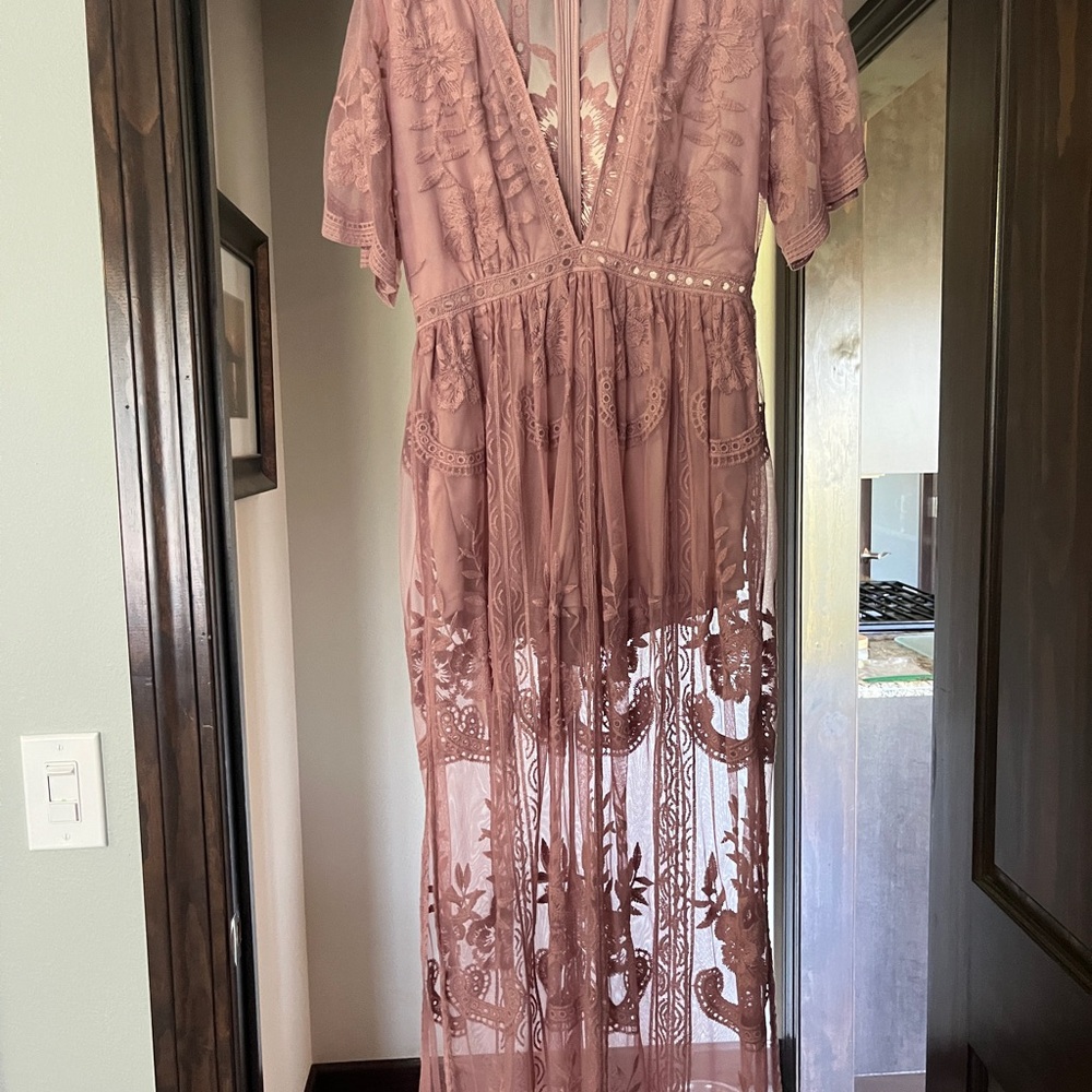 Honey Punch Dusty Rose Lace Maxi Dress